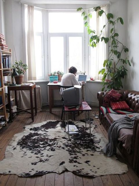 a boho living room with a bookcase, potted greenery, a leather sofa, a desk and a bow window and a climbing plant