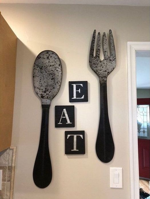 rustic kitchen wall decor with oversized shabby chic cutlery and letters is a lovely idea for a farmhouse space