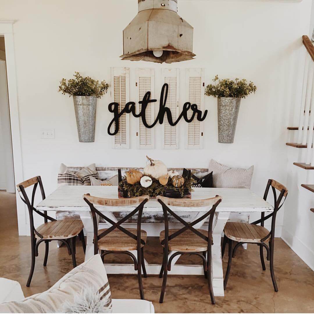 wall buckets with boxwood, vintage shutters with letters for lovely dining space or kitchen decor