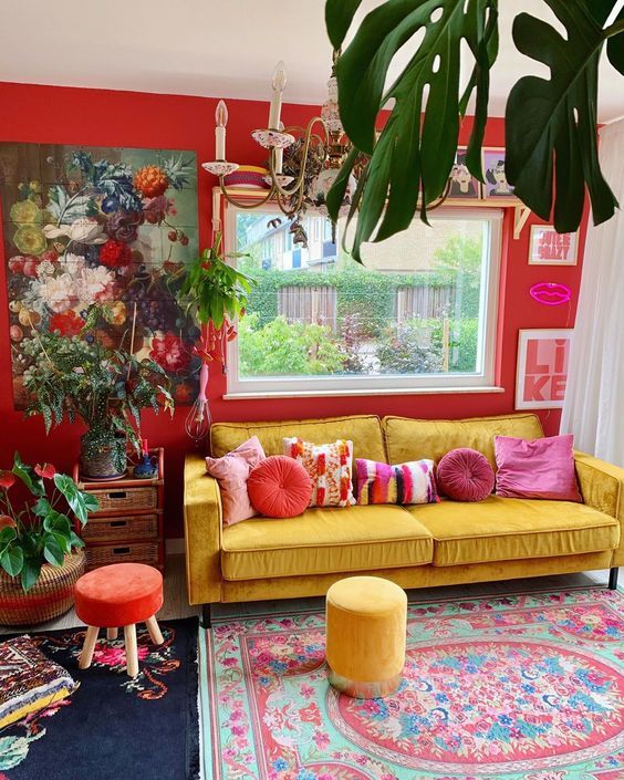 40 One Of A Kind Maximalist Living Rooms Digsdigs Kind Maximalist Living Rooms, Red Sofa Yellow Walls