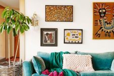 a cute bohemian living room design with a bright sofa