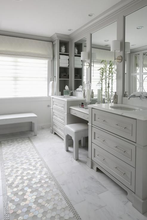 a beautiful dove grey bathroom done with kitchen cabinets, large mirrors, a bench and a stool and sconces