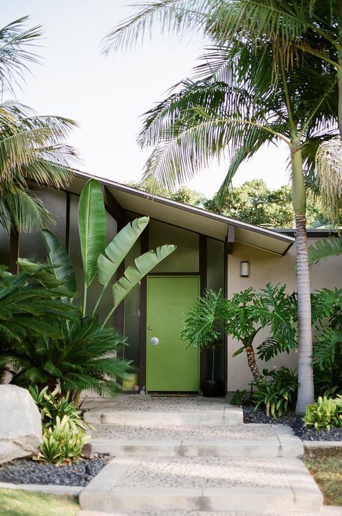 a bold and pretty modern entrance with an apple green door, greenery and tropical plants around and stone steps
