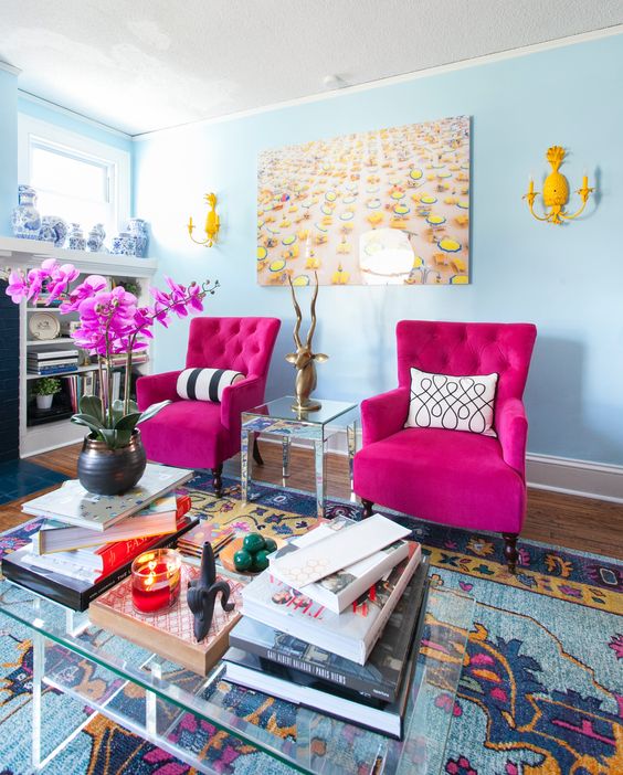 Light blue and pink living room deals