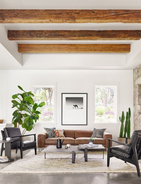 an elegant modern country living room with wooden beams on the ceiling, leather furniture, two coffee tables and some statement plants