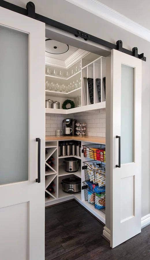 a comfortable pantry is a must for a millennial kitchen, and sliding doors are very functional and efficient