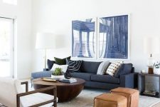 33 a mini gallery wall in navy and white echoes with the sofa and adds a cool accent to the space while adding a bit more of color