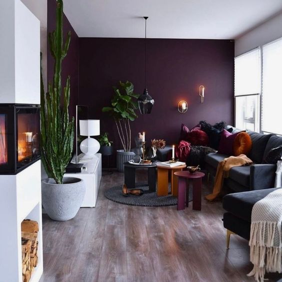 plum and beige living room