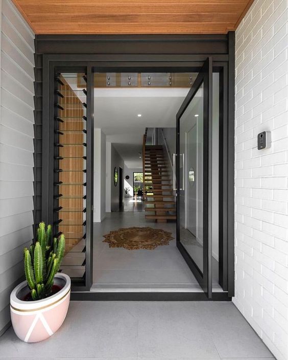 a black metal frame and glass pivot door looks very stylish and allows much natural light in and you will always see who's coming