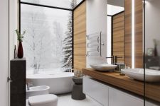 a contemporary bathroom with a panoramic view, a chic tub, wood-imitating tiles, long ones, a floating double vanity and a mirror