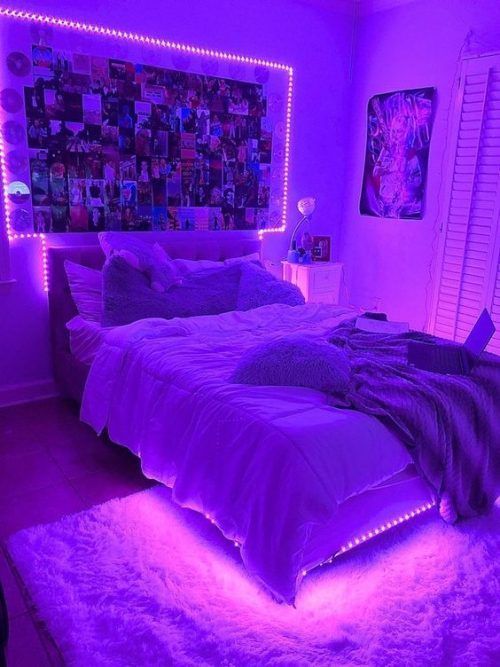 purple LED lights will give a fresh an bold look to the bedroom, this is a great solution for a Gen Z bedroom to make it welcoming