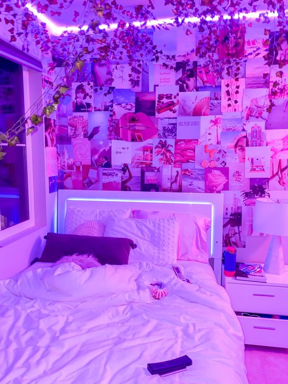 a bright and fun bedroom with neon LED lights and a bright gallery wall is a nice idea of a Gen Z bedroom and Gen Z people