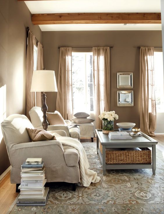 a cozy farmhouse living room design with a taupe color scheme