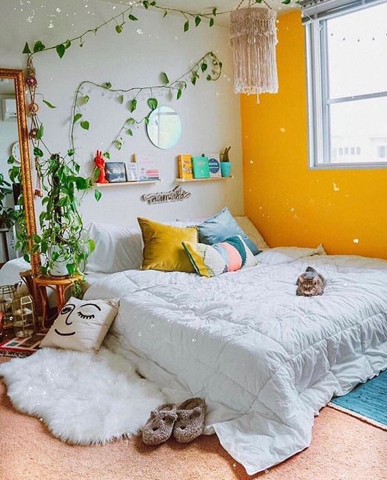 a pretty bedroom with a yellow accent wall, a low bed on the floor, climbing up plants, a macrame hanging, shelves and colorful pillows