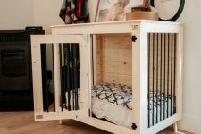 a lovely kennel bed of lightstained wood and on comfortable legs is a cool solution for a farmhouse space