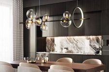 a refined contemporary dining space wiht a wood and marble table, neutral rounded chairs, a chic chandelier with a light circle