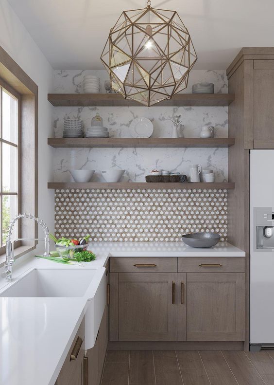 white kitchen with taupe backsplash