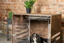 an ultra-modern dog crate of plywood and with a sheer acryl front and a door to make it look more lightweight