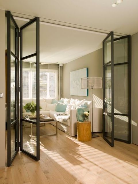 glass folding doors with black framing will separate the spaces and will still let natural light go in and out