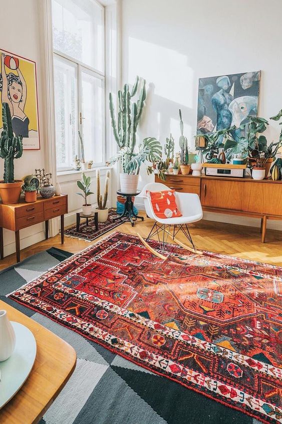 a bright mid-century modern living room with bold mismatching rugs, statement potted cacti and succulents and bright artworks