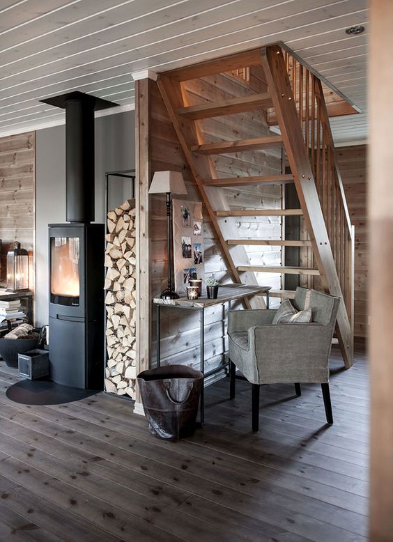 a cozy Scandi space with a hearth, a grey stained planked floor, rich-stained planked walls and a staircase and grey furniture is welcoming