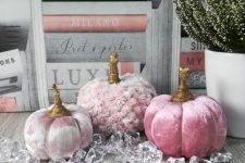 24 fabulous glam Thanksigiving pumpkins of pink velevet and oversized rhinestones are fantastic for a bold look