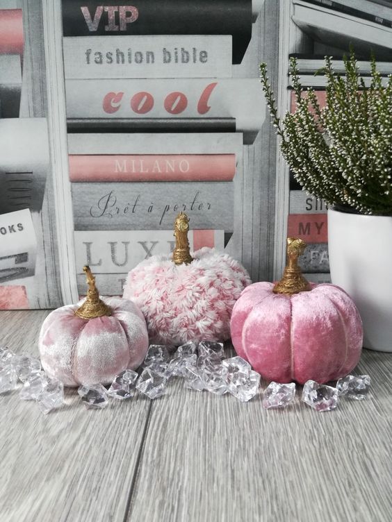 fabulous glam Thanksigiving pumpkins of pink velevet and oversized rhinestones are fantastic for a bold look