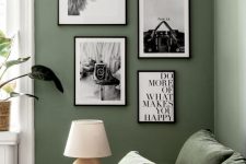 a chic mini free form black and white gallery wall with a bit of white matting and black frames is a cool idea for a modern space