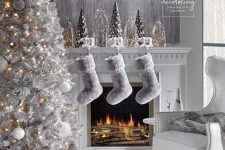 a lovely winter wonderland space with a silver Christmas tree with white ornaments and lights, white faux fur stockings and mini trees on the mantel