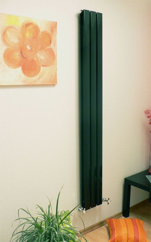 a narrow dark green radiator is a bold and contrasting accent for any interior and it will look very eye-catchy