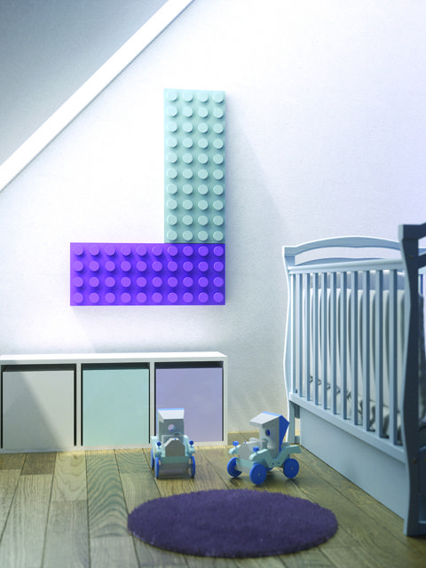 a pastel kid's room with a mint and a purple Lego-inspired radiator on the wall that becomes part of the decor