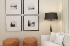 such a mini black and white gallery wall with wide matting and thin black frames brings a chic and elegant accent to the space