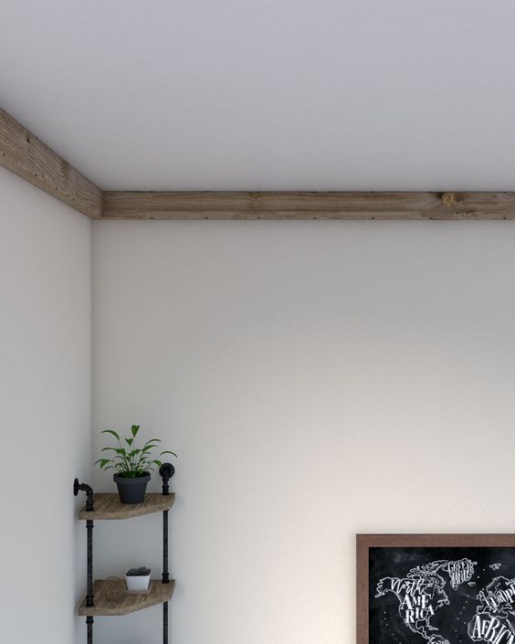 weathered rustic crown molding is a creative way to add a cozy feel to the space highlighting its style at the same time