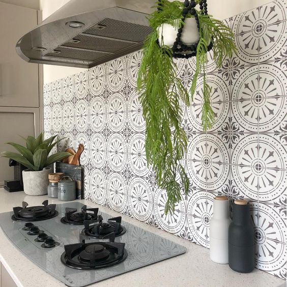 stylish grey and white printed tile stickers will easily renovate your kitchen backsplash or will just make it to your taste