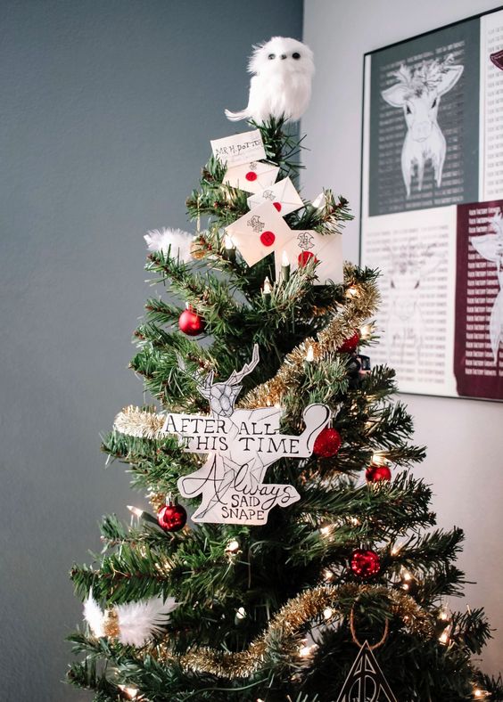 an easy and chic Christmas tree with red ornaments, gold garlands, Golden Snitches, an owl topper, letters from Hogwarts and a cardboard decoration