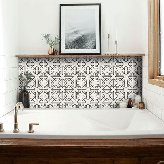 a modern farmhouse bathroom accented with vinyl tile stickers is a lovely space to be and it shows off its style