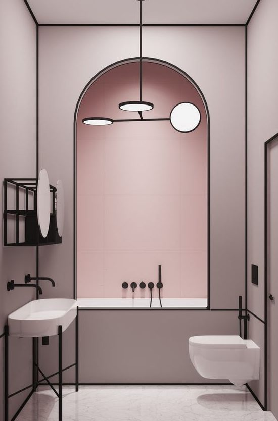 a chic modern light pink bathroom accented with matte black edges and lines looks very elegant and very bold
