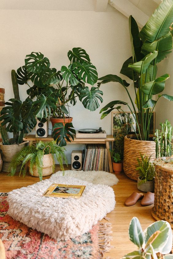 a beautiful jungle-inspired nook with lots of statement potted plants, cushions and rugs and some vinyl is fabulous