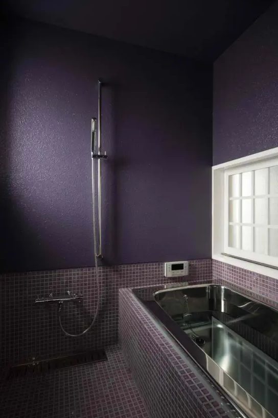 a moody bathroom done in aubergine, matte purple walls, fuchsia and purple tiles and a metal bathtub