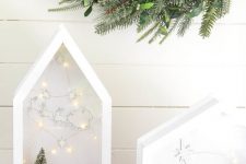 45 beautiful house-shaped white terrariums with bottle brush trees and deer silhouettes plus lights and stars