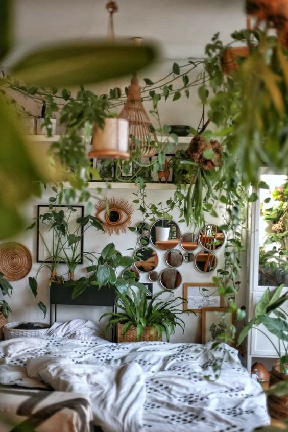 a boho bedroom turned into a real jungle with lots of potted plants all over the space looks wow