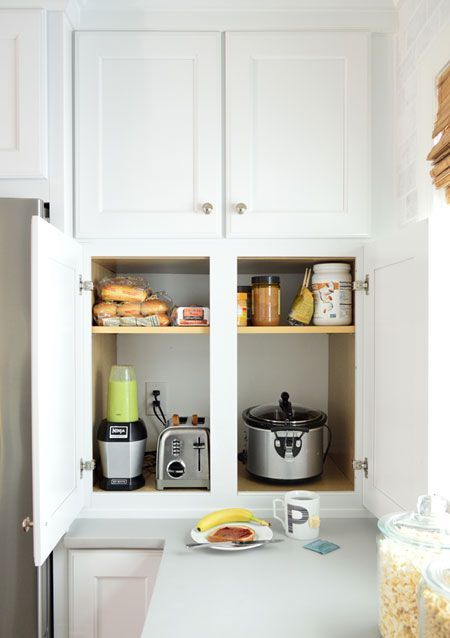 a kitchen cabinet with small appliances and with usual doors to take and put back everything you have