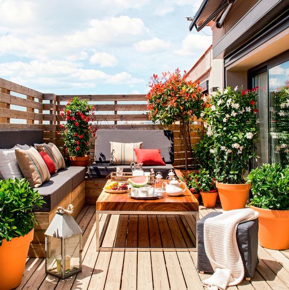 a bright modern rooftop terrace with a sectional, a low coffee table, potted plants and blooms and a candle lantern