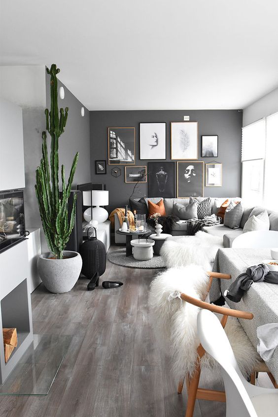 a beautiful Nordic living room with slate grey walls, a gallery wall, a grey sectional, a potted cactus and various lamps