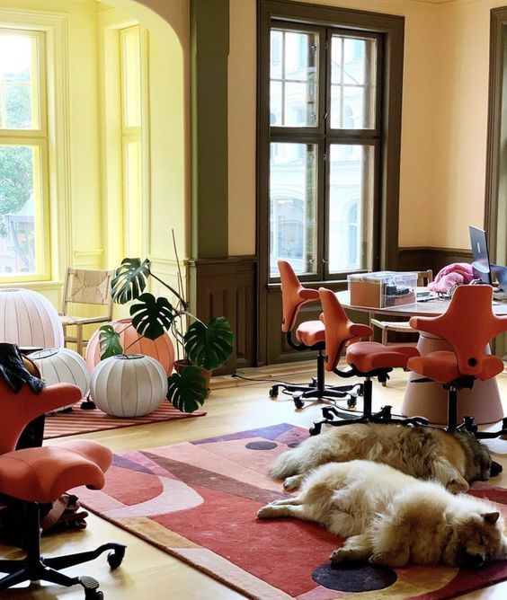 a colorful living room with yellow walls and green accents, coquelicot chairs and a bold printed rug and paper lamps