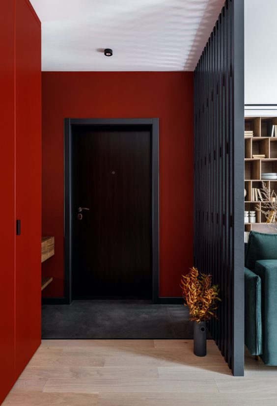 a contemporary entryway with coquelicot walls, a built-in console table, a graphite grey rug and a black space divider