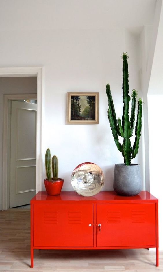 a fantastic coquelicot cabinet with art and potted cacti is gorgeous to make a statement in your space