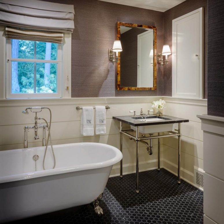 Powder Room with White Mirror on Charcoal Gray Grasscloth Wallpaper   Transitional  Bathroom