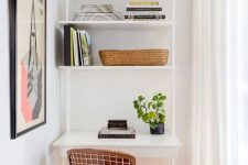 38 a small nook by the window, with a white shelving unit and desk, a leather chair, potted greenery, books and vases is a very functional idea