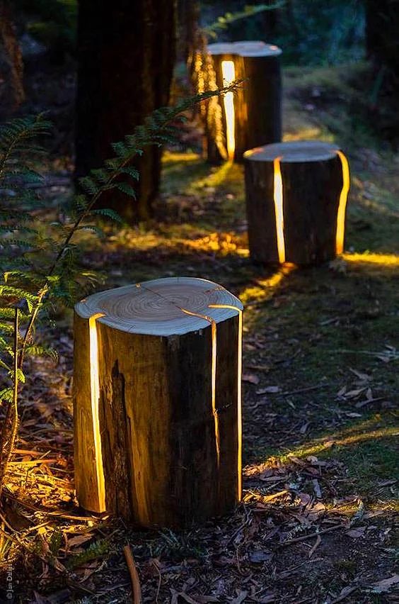 tree stumps with lights inside are a very cool and creative idea for a garden or any other outdoor space, and they look dreamy